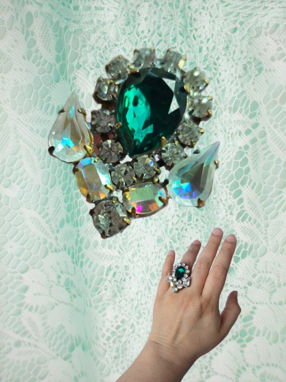 Vintage Czech Green and Crystal Ring Art Deco Romantic Fairycore Style